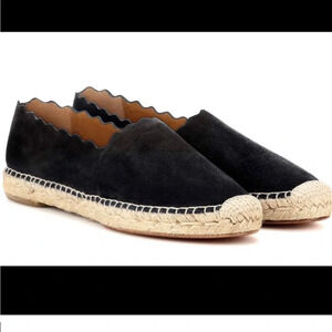 Chloe Suede Whipstitch Scalloped Trim Flat Espadrilles